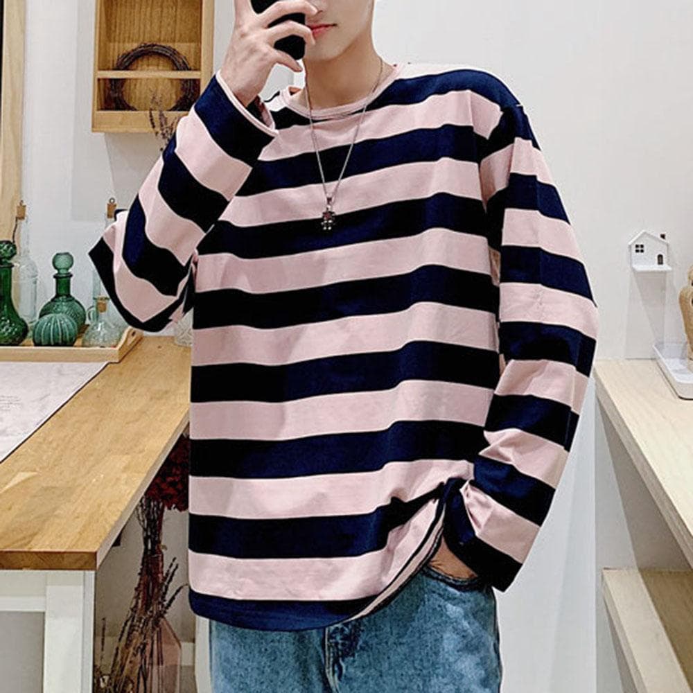 Spring Autumn Striped T Shirts Men Casual Long Sleeve Tshirt Male Loose Pullovers Tops Man Winter T-shirt For Men Clothing 5XL