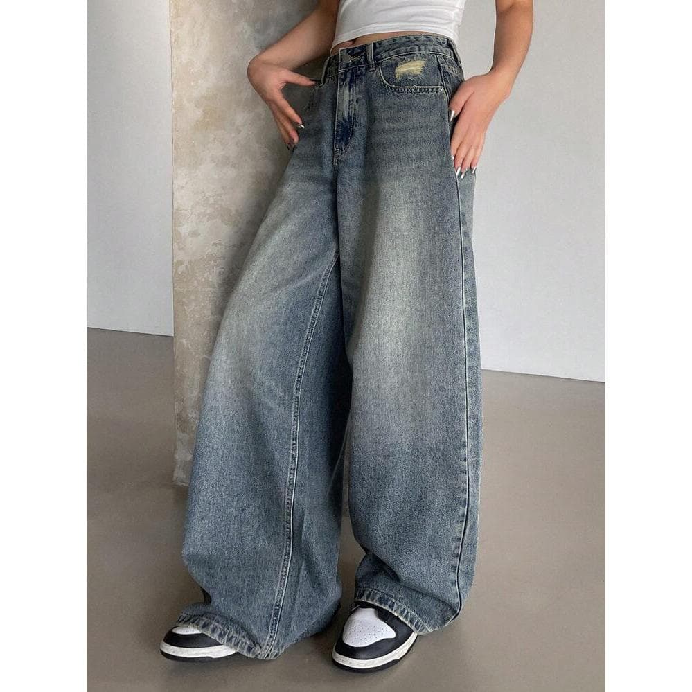 High Street Retro Jeans Washed Old Straight Loose Wide Legs Simple Casual Pants 32 blue