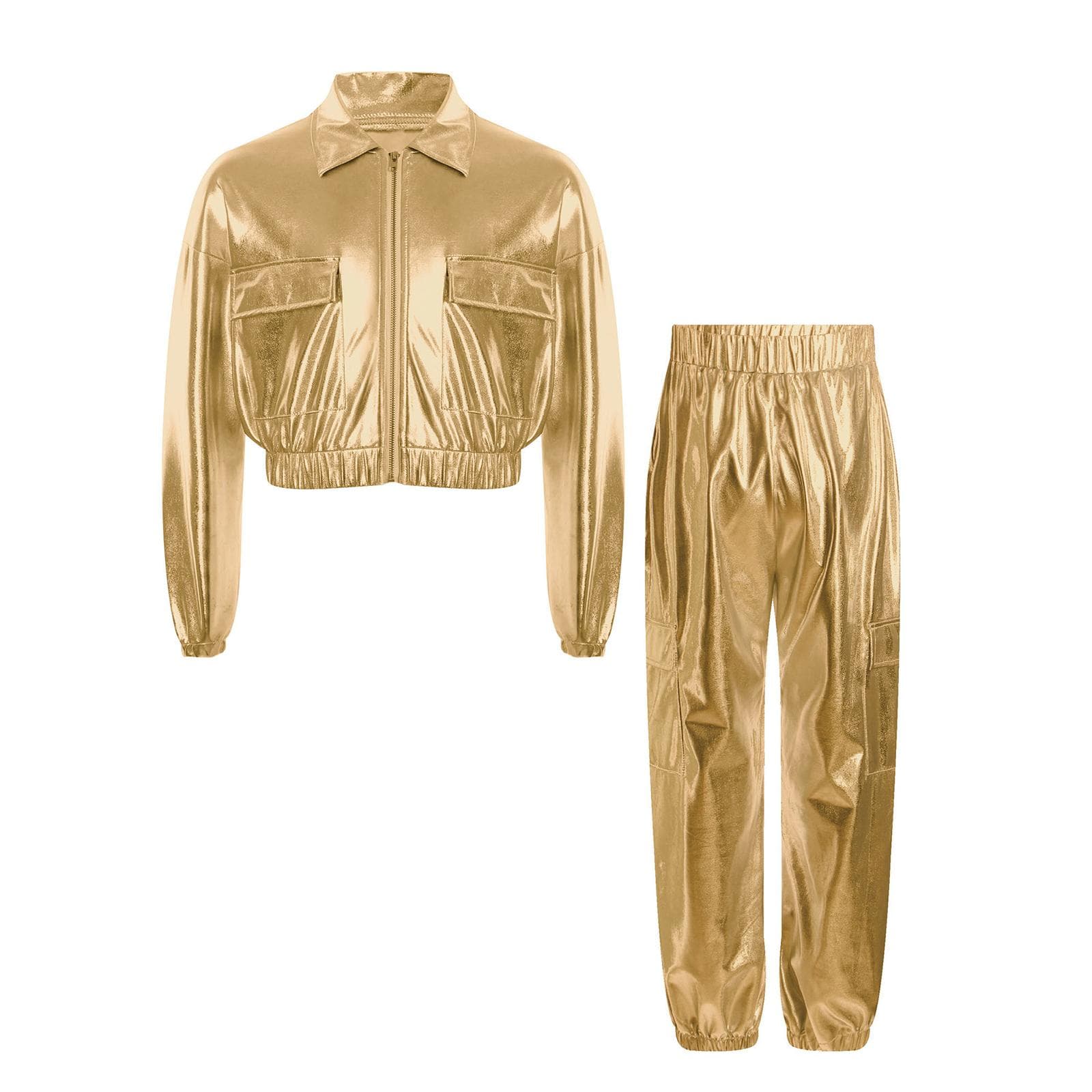 Girls Boys Shiny Dance Outfit Metallic Jacket Turn Down Collar Long Sleeve and Glittery Pants for Jazz Competitions 7-8 Years gold