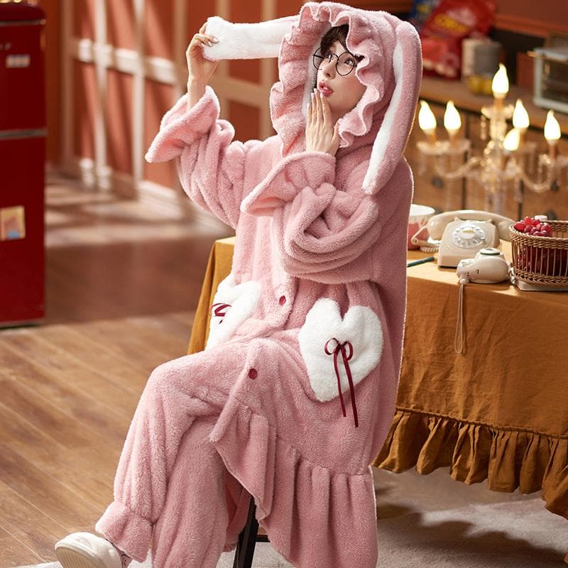Cartoon Thicken Kimono Bathrobe Women's Dressing Gown Pajamas Hooded Robes Coral Fleece Sleepwear Winter Coats for Home Clothes M