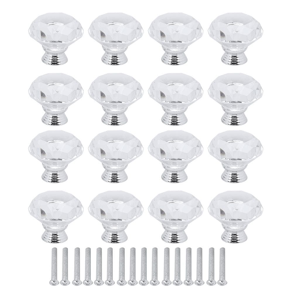 16Pcs Crystal Glass Cabinet Knob Diamond Shape 40mm Drawer Cupboard Handle Pull white