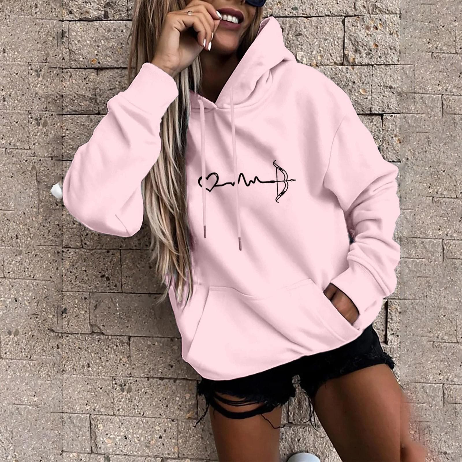 Women's Fashion Casual Fun Print Hooded Sweatshirt Loose Sports Tops Pullover S pink
