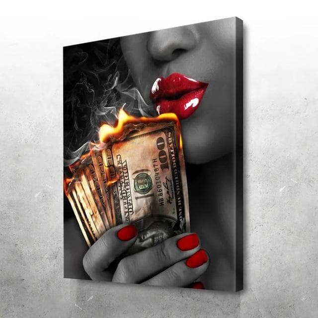 Art Red Lips Canvas Painting Print Pictures Lovers Girl Fire Money Wall Art Poster Modern for Living Room Office Bar Home Decor 20x30cm