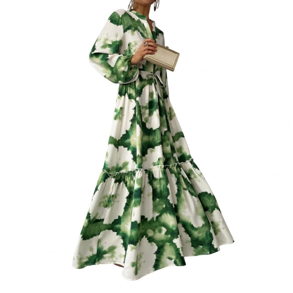V-neck A-line Dress Elegant V Neck Maxi Dress with Lantern Sleeves Artistic Print for Prom Cocktail Parties Women Dress XL green