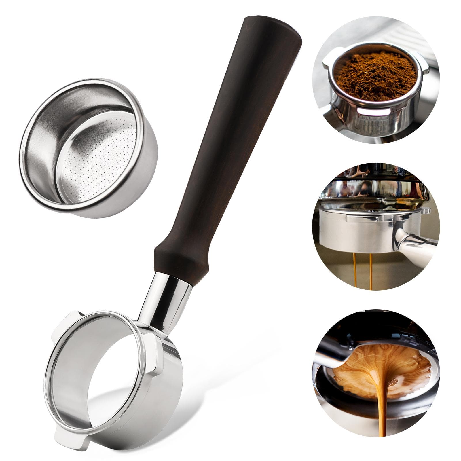 54mm 3 Ears Stainless Steel Bottomless Naked Portafilter Wooden Coffee Handle Cup Filter Basket Black rosewood material black