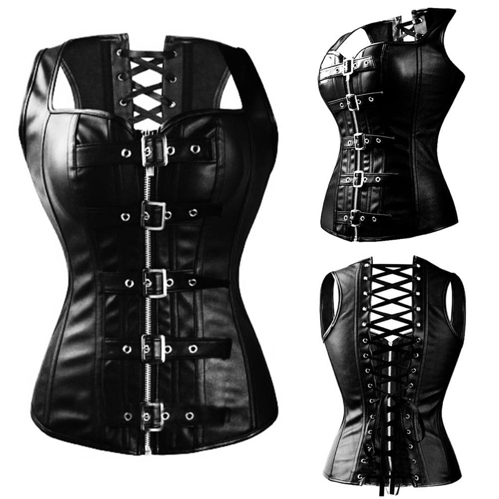 Women Leather Gothic Corset Bustier Top Steampunk Costume Clubwear Sexy Lingerie Burlesque Espartilho 6XL black