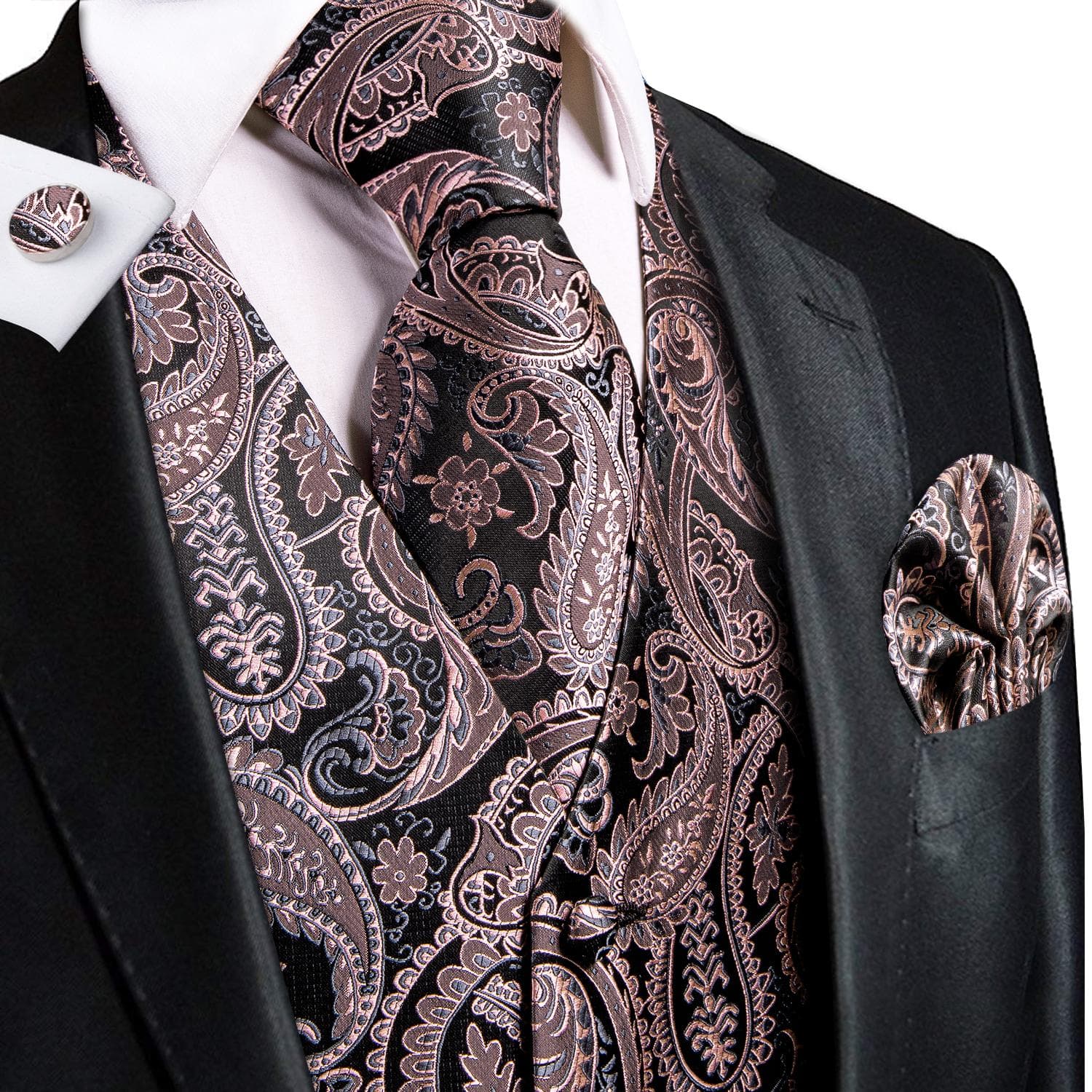 Hi-Tie Tuxedo waistcoat for Men Suit Vest Necktie Handkerchief Cufflinks Set for Wedding Business L