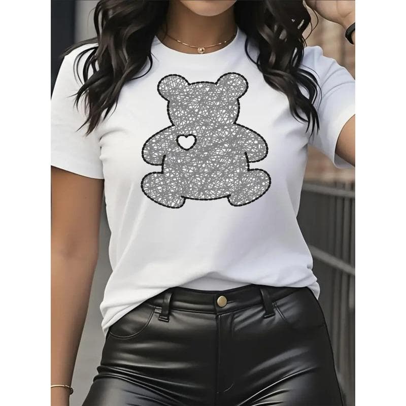 European Size Women's Workout T-Shirt - Cute Bear Graphic Tee, Breathable Loose Fit Gym Shirt for Women, Casual Everyday Top,Stylish Activewear 4XL white