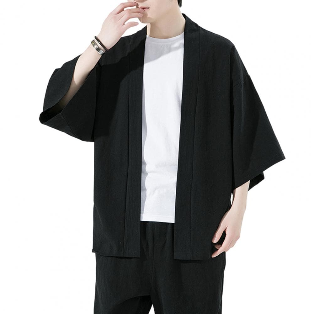 Men Summer Shirt Solid Color Cardigan Open Stitch Chinese Style Plus Size Three Quarter Sleeves Soft Breathable Quick-drying Cas L black