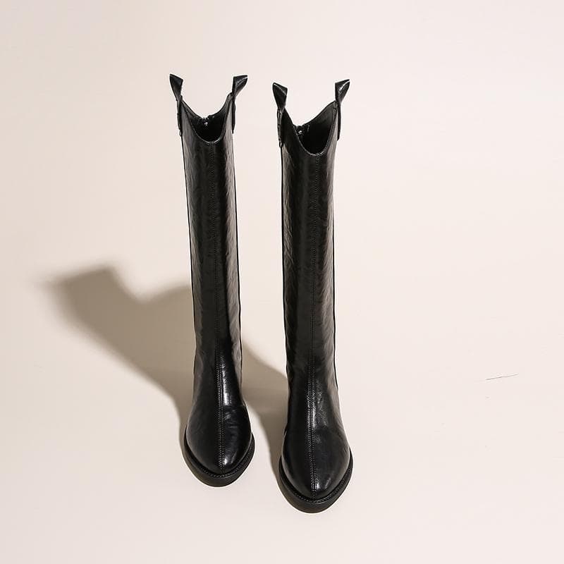 Women Knee-high Boots Leather Natural Leather Ladies Bootie Autumn and Winter Western Boots Goth Shoes Long Botas 43 black