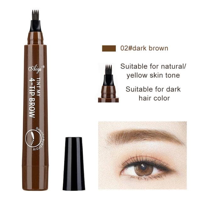 Waterproof 4 Point Liquid Eyebrow Pencil with 3D Long Lasting Eye Brow Brush - Natural Microblade Makeup Tools dark brown