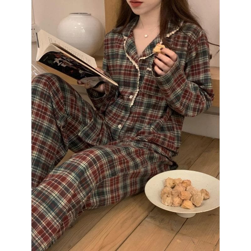 Women's Pajamas New Autumn Spring Long Sleeve Soft Sleepwear Set Grid Cartoon Pyjama Woman Home Nightwear Set Cardigan XL
