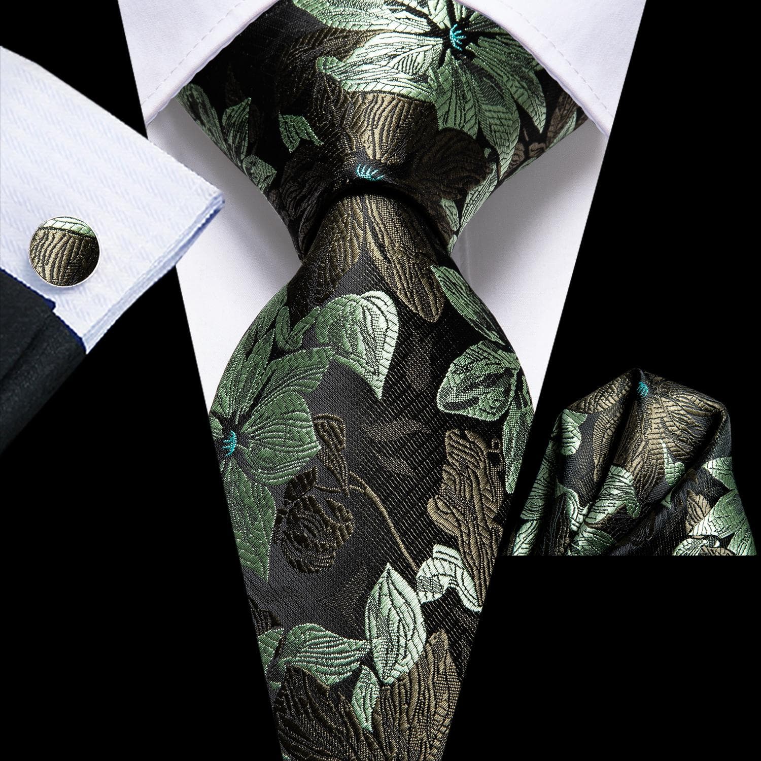Hi-Tie Mens Accessories Silk Tie Handkerchief Cufflinks Set for Wedding Party Floral Solid Necktie N-3332