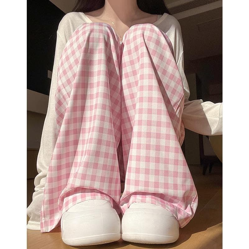Pink Plaid Pants for Women's Spring New Casual Loose High Waist Small Drooping Wide-leg Pants S