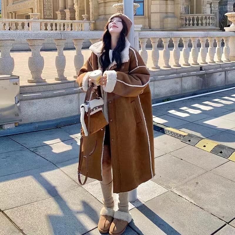 Retro Brown Lapel Loose Silhouette Single-breasted Fur One-piece Lambswool Coat for Women L