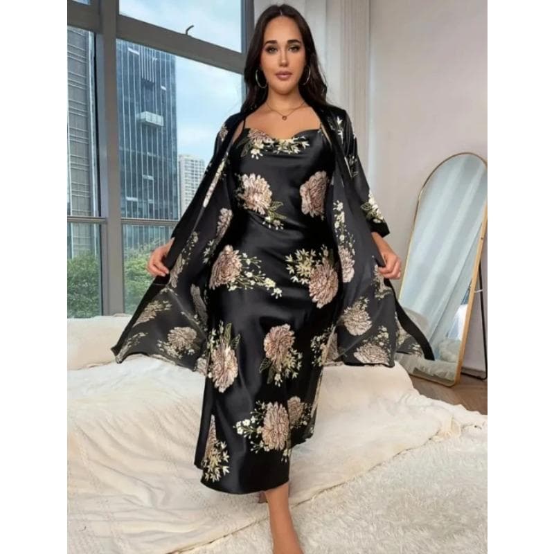 Plus Size Pajamas Women's Long Imitation Silk Sexy Pajamas Set Casual Loose Printed Pajamas 2-piece Set 5XL black