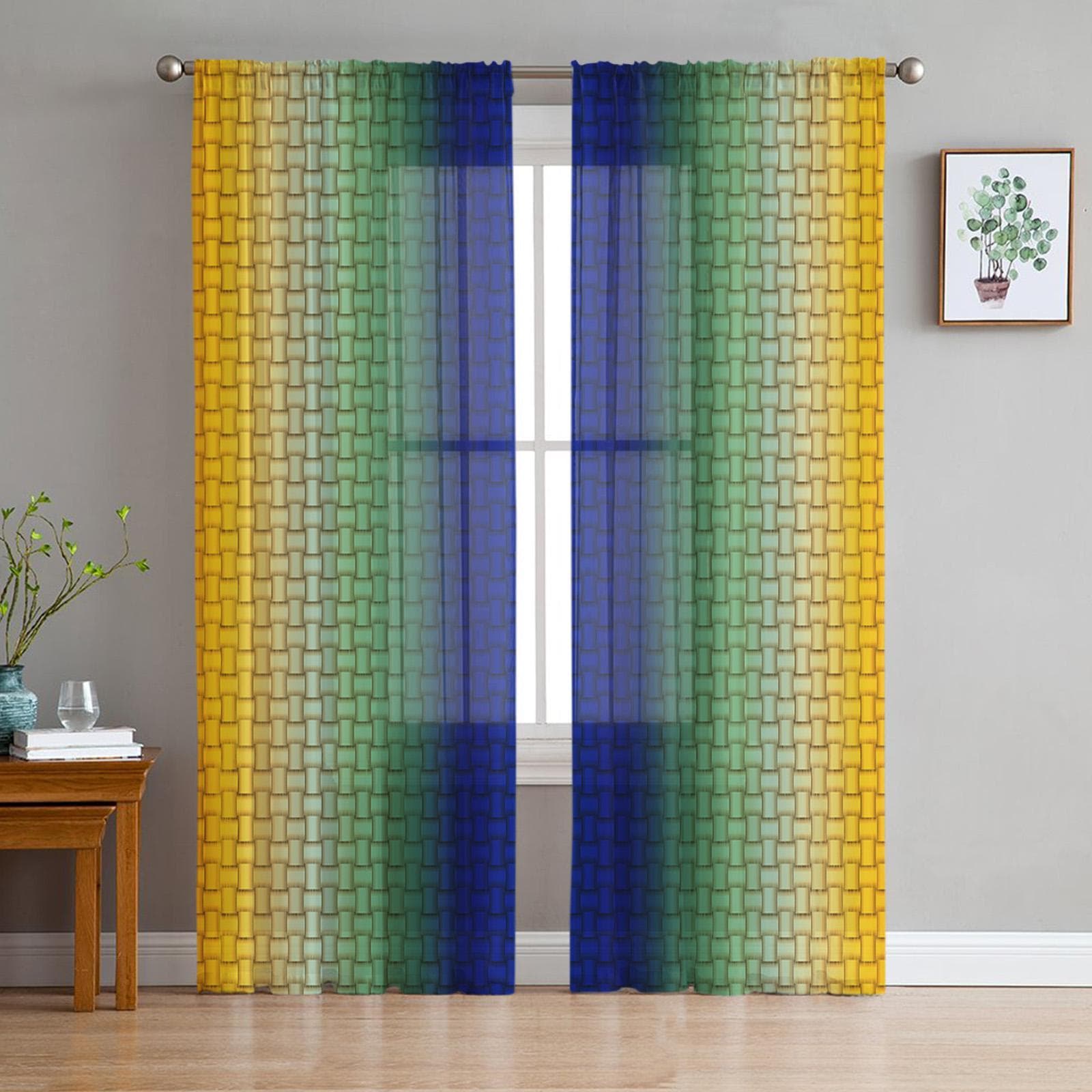Gradual Lines Of Small Squares Window Curtains For Living Room Bedroom Kitchen Chiffon Sheer Window Treatment 135W x 114H(cm)