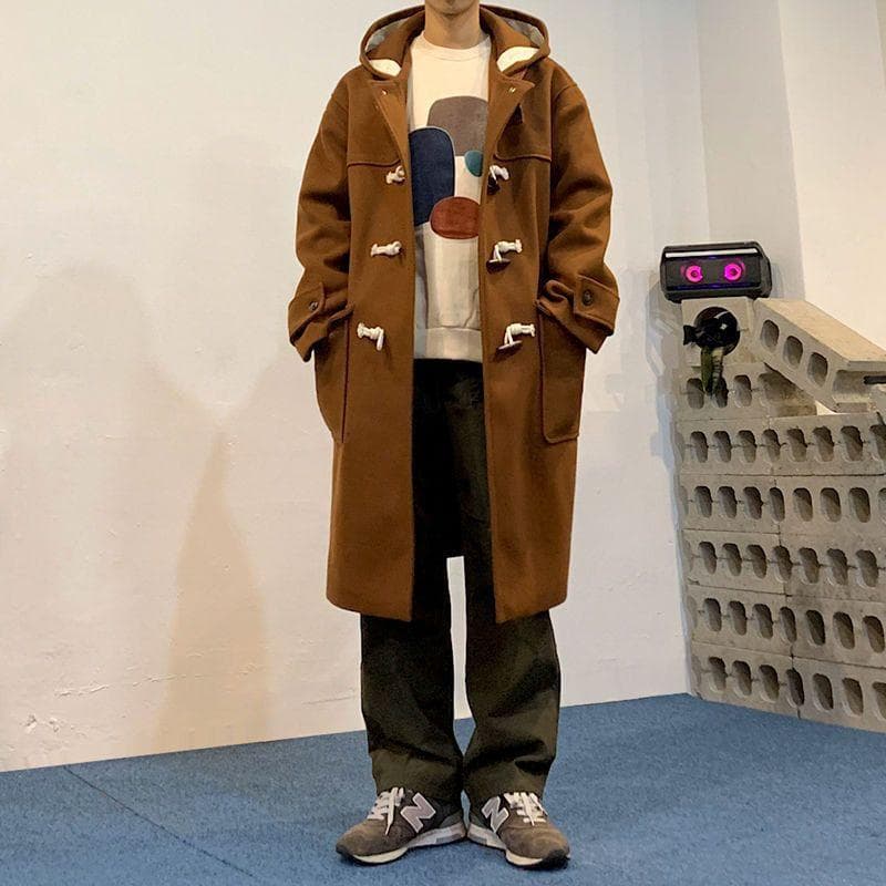 Winter Woolen Coat Men's Medium and Long Men's Trench Coat Loose Hooded Jacket M
