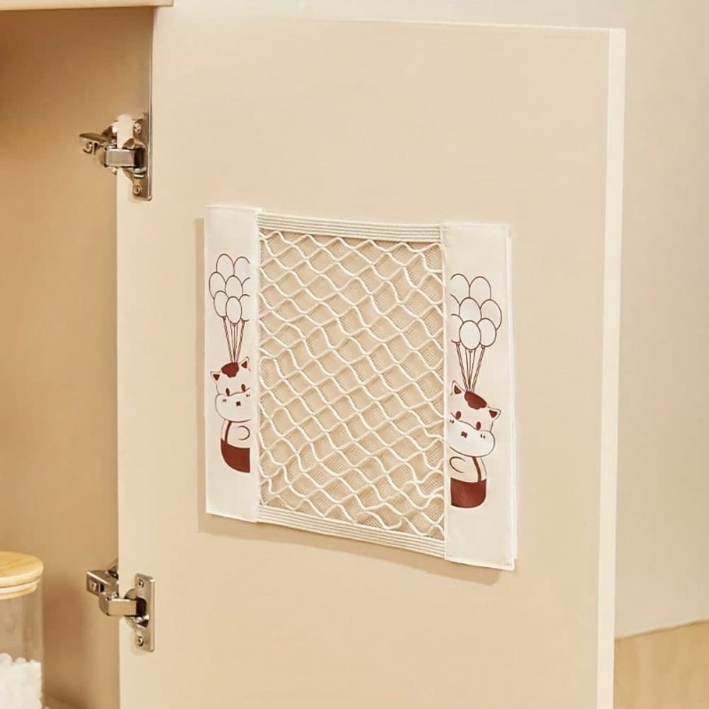 Durable Wall-Mounted Mesh Bag Dispenser With Cute Cartoon Design - Foldable Breathable Polyester Garbage Bag Holder Small white