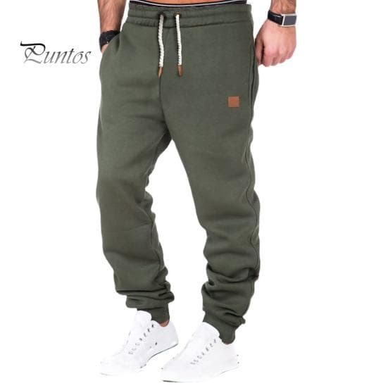 Men Sports Pants Drawstring Elastic Waist Solid Color Pockets Soft Breathable Stretchy Ankle-banded Men Jogging Gym XL army green