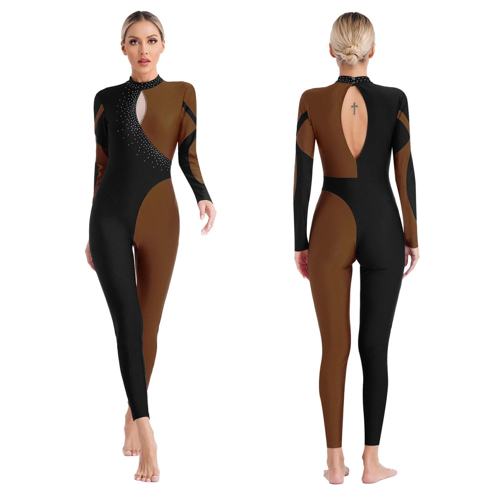 Womens Gymnastics Figure Skating Dance Costume Contrast Color Patchwork Jumpsuit Glittery Rhinestones Keyhole Back Long Sleeve Mock Neck Bodysuit M brown