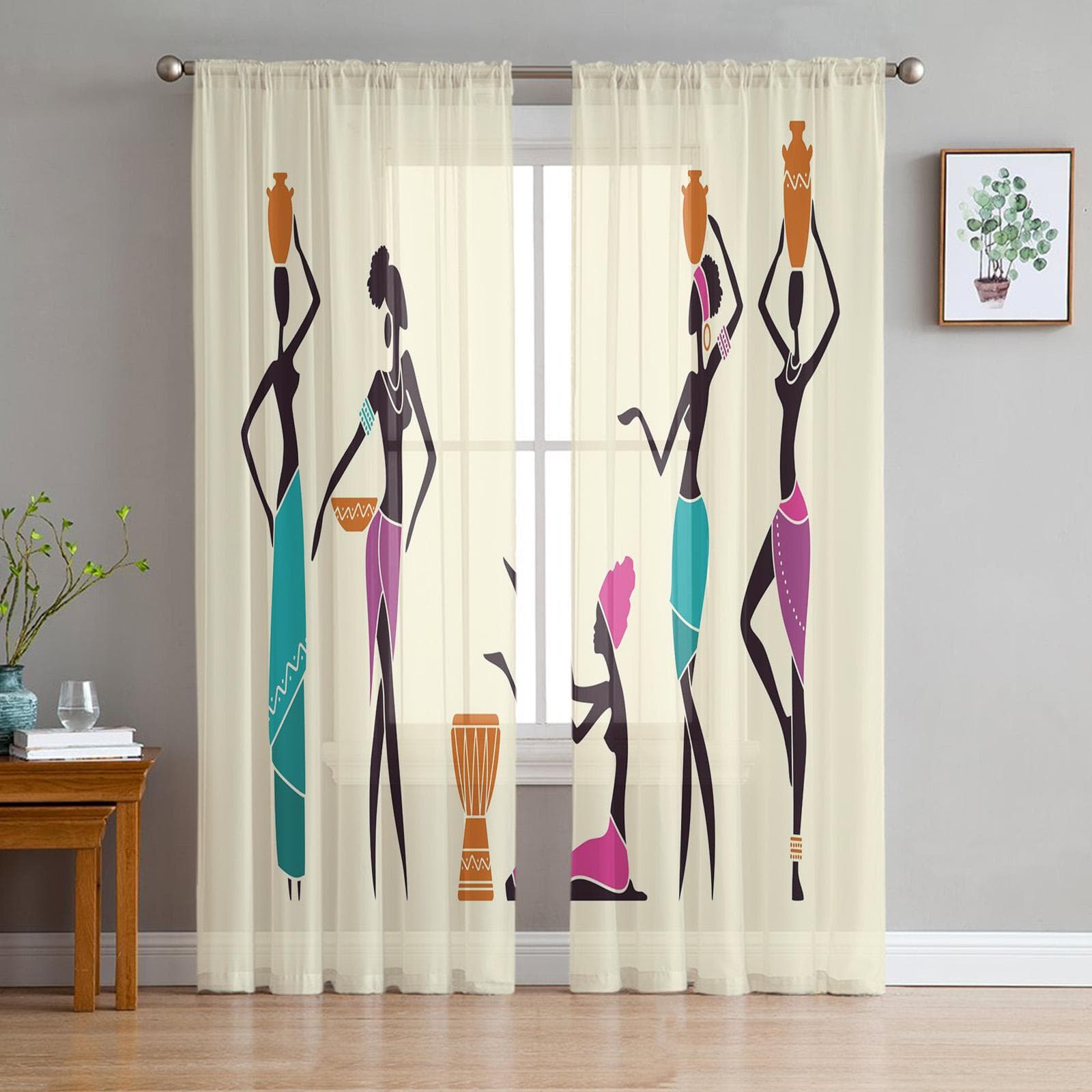 African Women Ethnic Sheer Curtains for Living Room Voile Curtain Bedroom Bathroom Tulle Curtains Window Drapes 135W x 114H(cm)