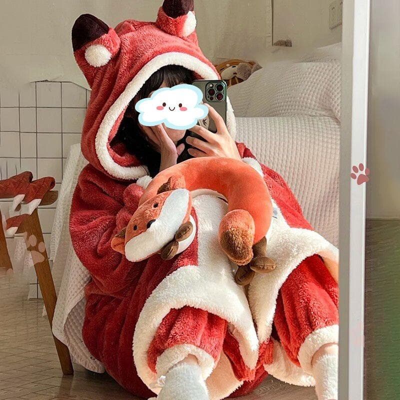 Cartoon Animal Fox Pajamas Women's Winter Coral Fleece Thickened One-Piece Plush Cute Long Hooded Plus Size Robe Home Wear S