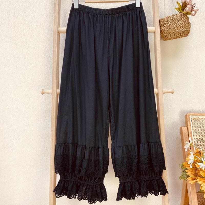 Johnature Mori Cotton Patchwork Lace Ruffles Women Pants Summer Vintage Solid Color Elastic Waist Ankle Length Pants One Size black