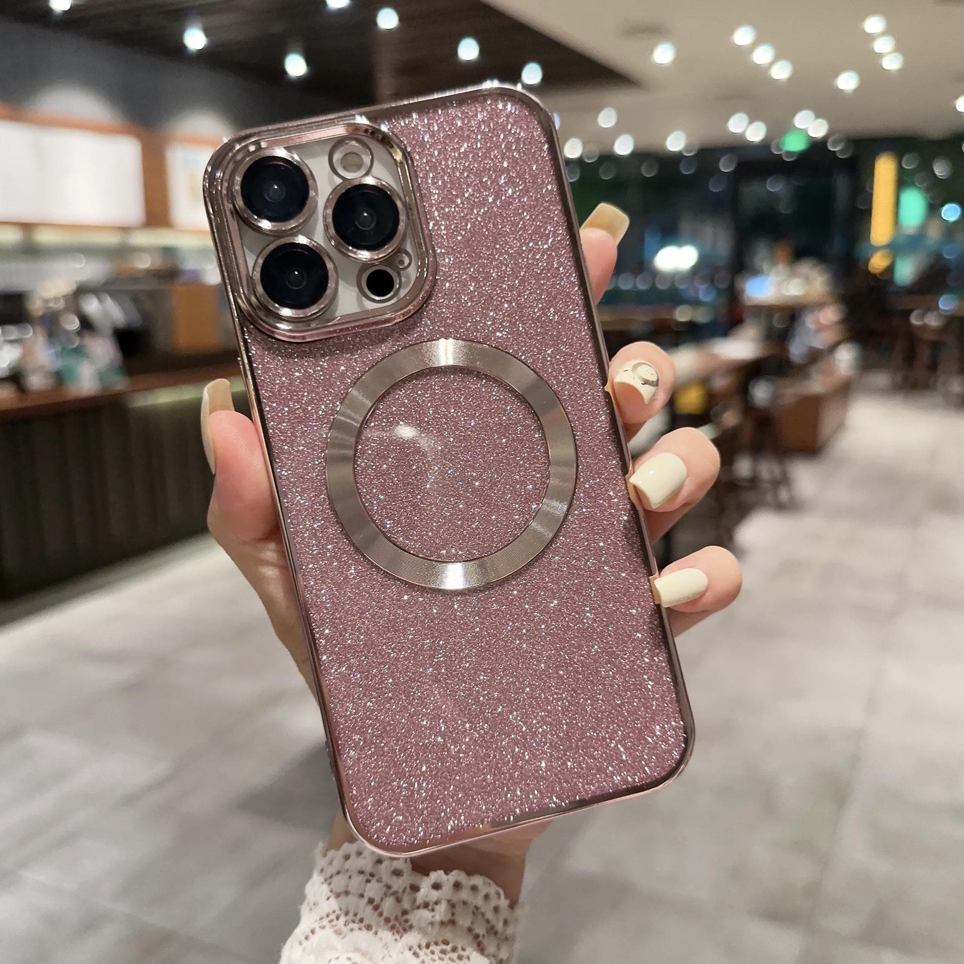 Applicable To IPhone16proMax Magnetic Suction Phone Case Apple 15 Flash Powder Electroplating 14 Full-pack Anti-fall 13 Protection Case iphone11pro pink