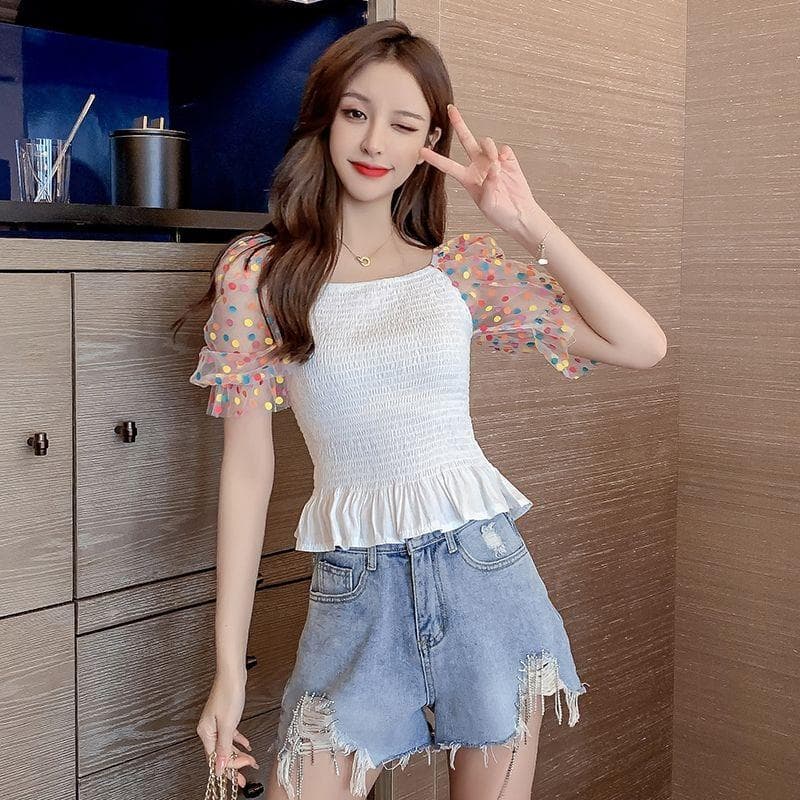 Polka Dot Puff Sleeve Women Blouse Elastic Waist Slim Cropped Top Square Neck Short Sleeve Sweet Fairy Style Office Lady Summer XL white