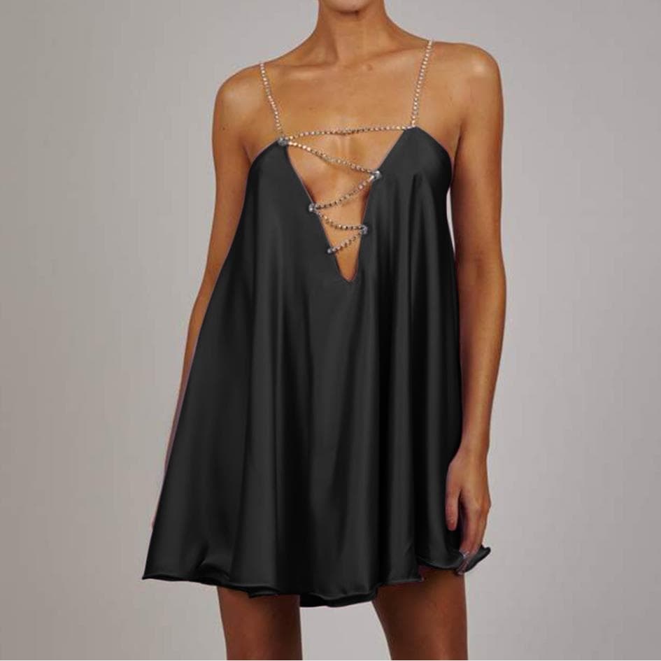 2023 New Summer Women's Mini Dress Fashion Diamond Sling Strap Loose Dress Sexy V-neck Backless Evening Party Clubwear Dresses M black