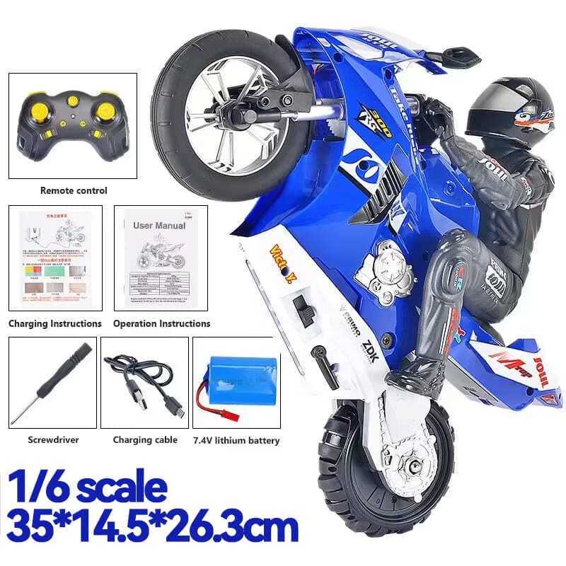 New RC Motorcycle Toy Boy 1/6 Electric Motor 4 Channel Racing 20KM/H High Speed Drift Rotation Stunt Standing Adjustable Speed Model Gift Toy blue