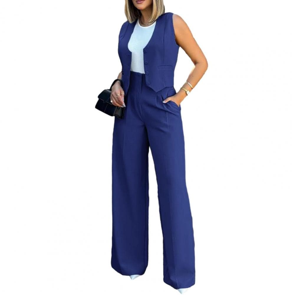 Women Vest Pants Set Elegant Lady Baggy Pants Set with Vest for Women High Waist Wide Leg Pants Solid Color Streetwear Outfit XXL blue