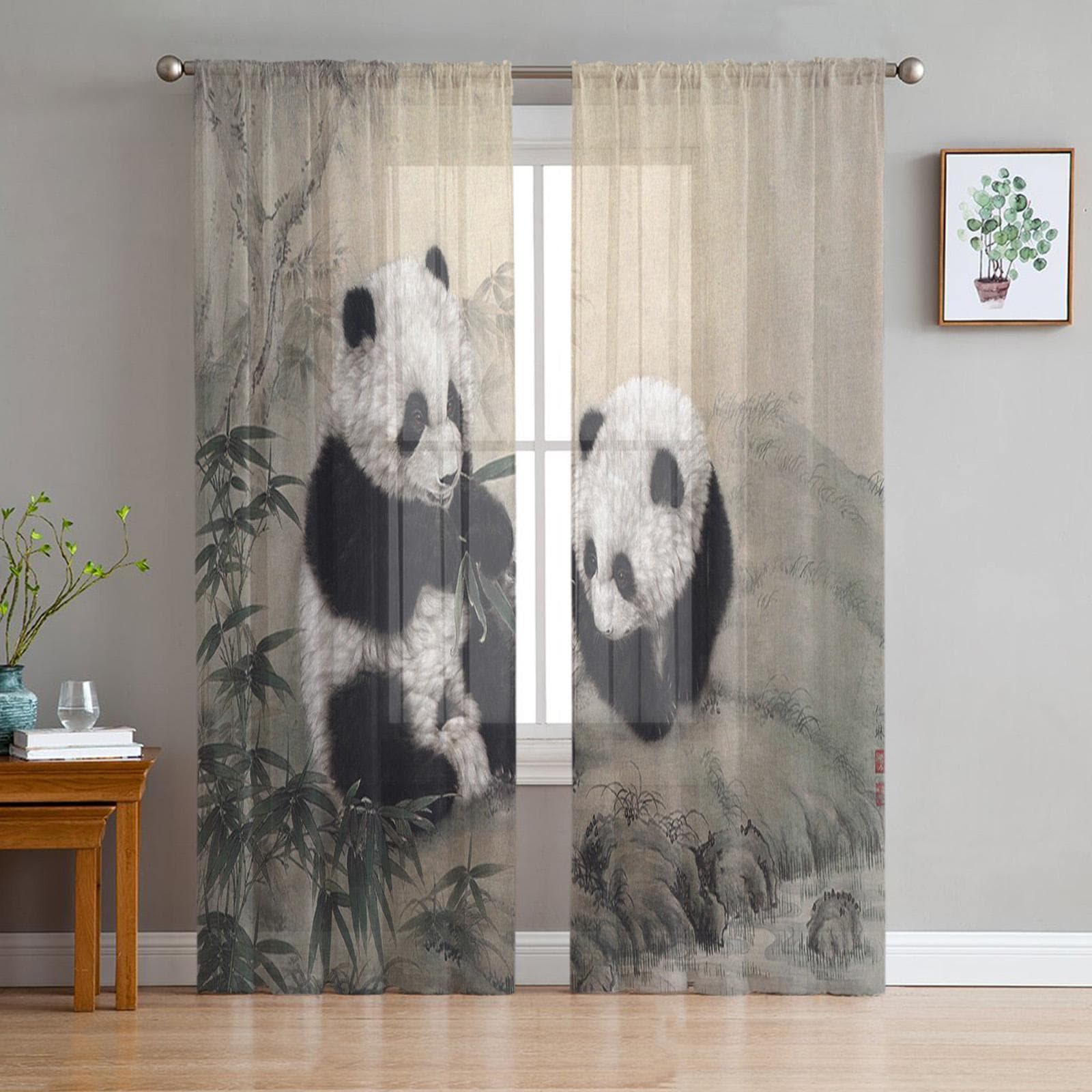 Cute White Panda Bear And Red Leaf On Black Background Chiffon Sheer Curtains Living Room Bedroom Window Voiles Tulle Curtain 135W x 114H(cm)