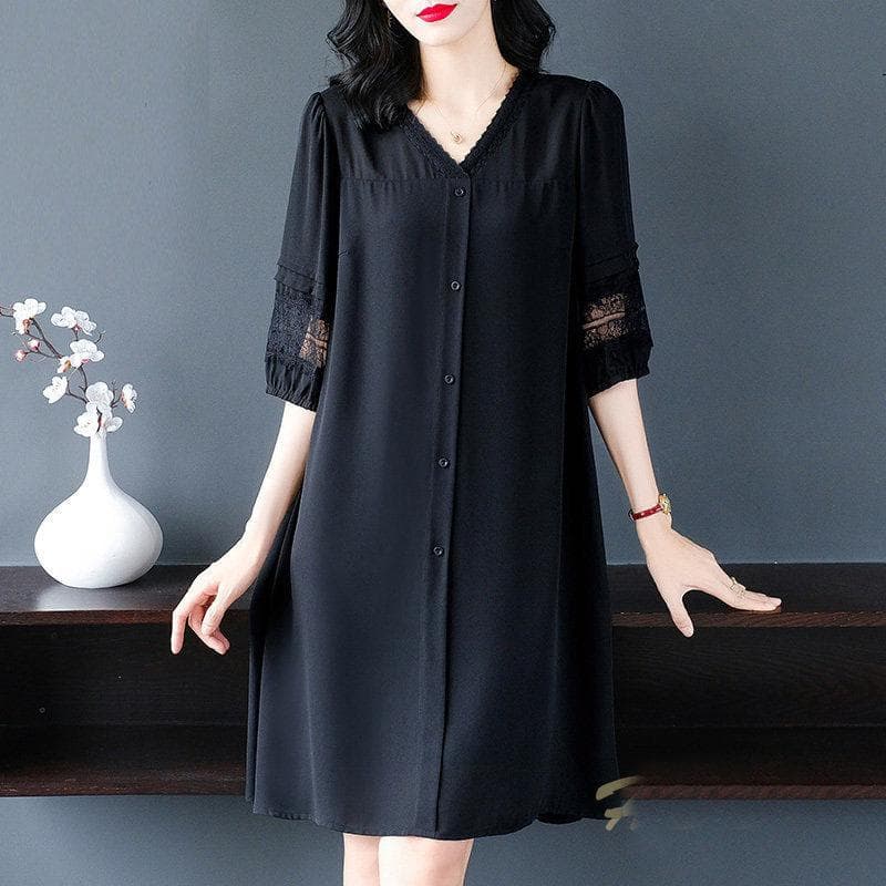 Black Dress Women's Loose Large Size Summer Dress Medium Length Solid Casual Lace Hollow Out Dress 5XL black