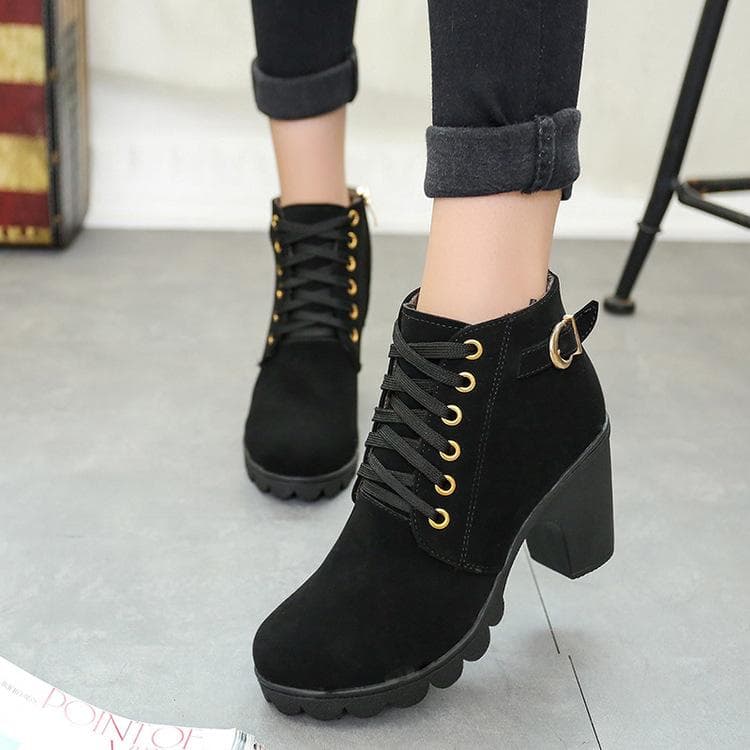 Autumn Winter High Heeled Women Boots Cross Straps Short Boots Comfortable Waterproof Boots Warm Plus Size 39 black