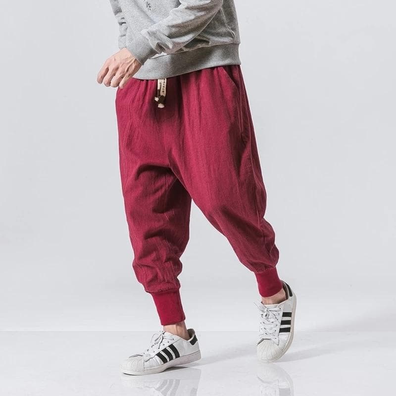 Cotton Linen Harem Pants Men Solid Elastic Waist Streetwear Joggers 2022 New Baggy Drop-crotch Pants Casual Trousers Men S