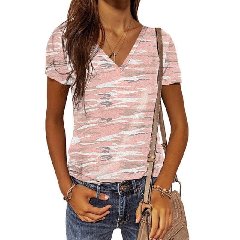 Summer Women's T-shirt Camouflage V-neck T Shirt Ladies Fashion Short Sleeve Tops Retro Streetwear Fashion Clothes Female Casual L