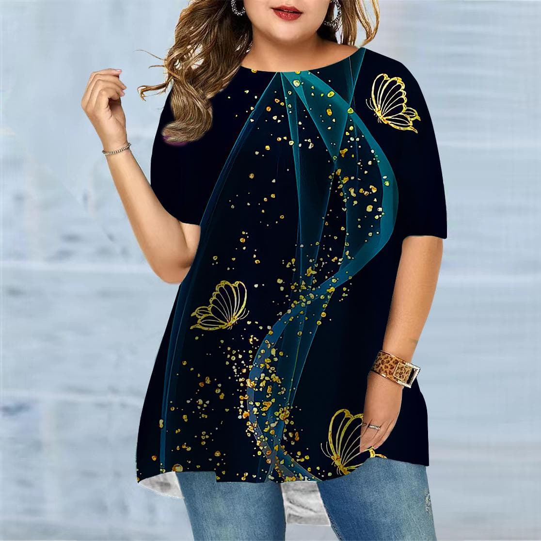 Plus Size Women's Summer Butterfly Dance Print Comfortable Short Sleeved Round Neck T-shirt Casual Baggy Medium Length T-shirt 7XL blue