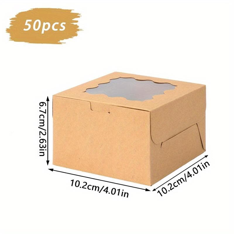 1set/ 50pcs Bread Box with Window, Mini Cake Box, Snack Box, Pastry Box, Dessert Box, Cookie Box, Mini Pie, Cake Cupcake Box (Brown) 50pcs