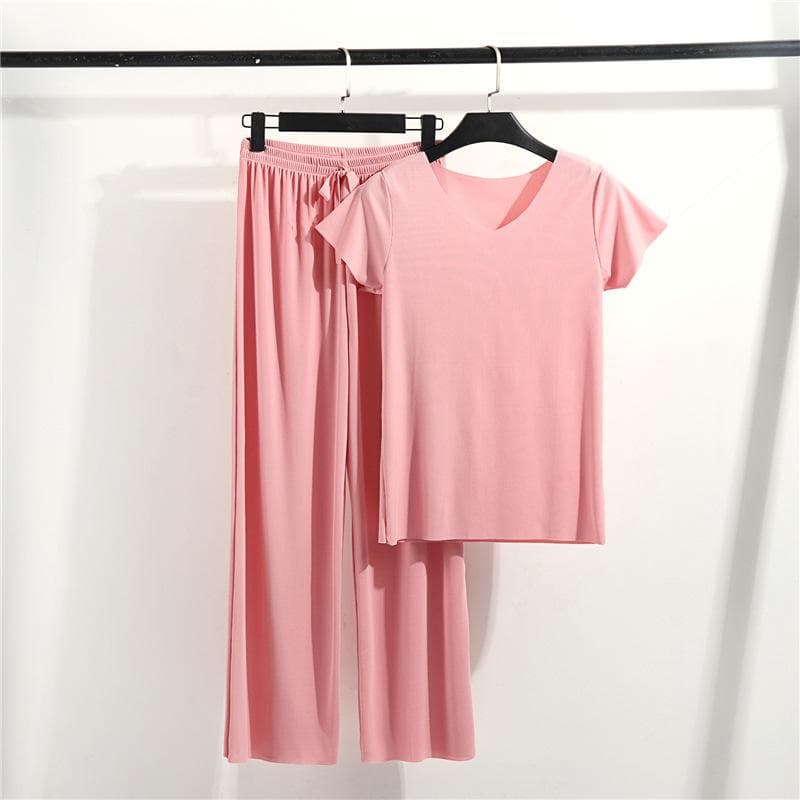 New Spring and Summer Women's Pajamas Set Modal Short-sleeved Trousers Two-piece Set V-neck T-shirt Thin Casual Home Wear Pajamas 2XL