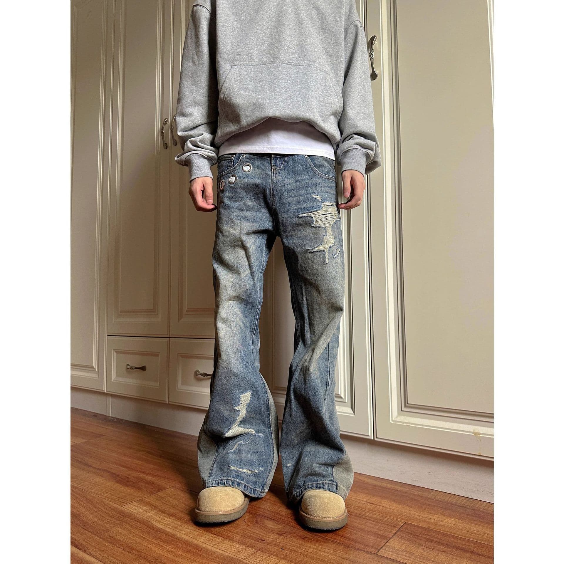 Retro Double Waist Jeans Men's Spring and Autumn New Old Loose Straight Long Pants XXXL blue