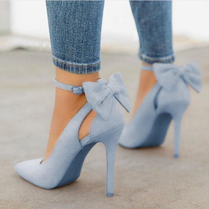 Sweet Spring and Summer Bow Tie Pointed Shallow Mouth Single Shoes Thin Heel High Heel Shoes Temperament Fashion Women's Shoes 37 light blue