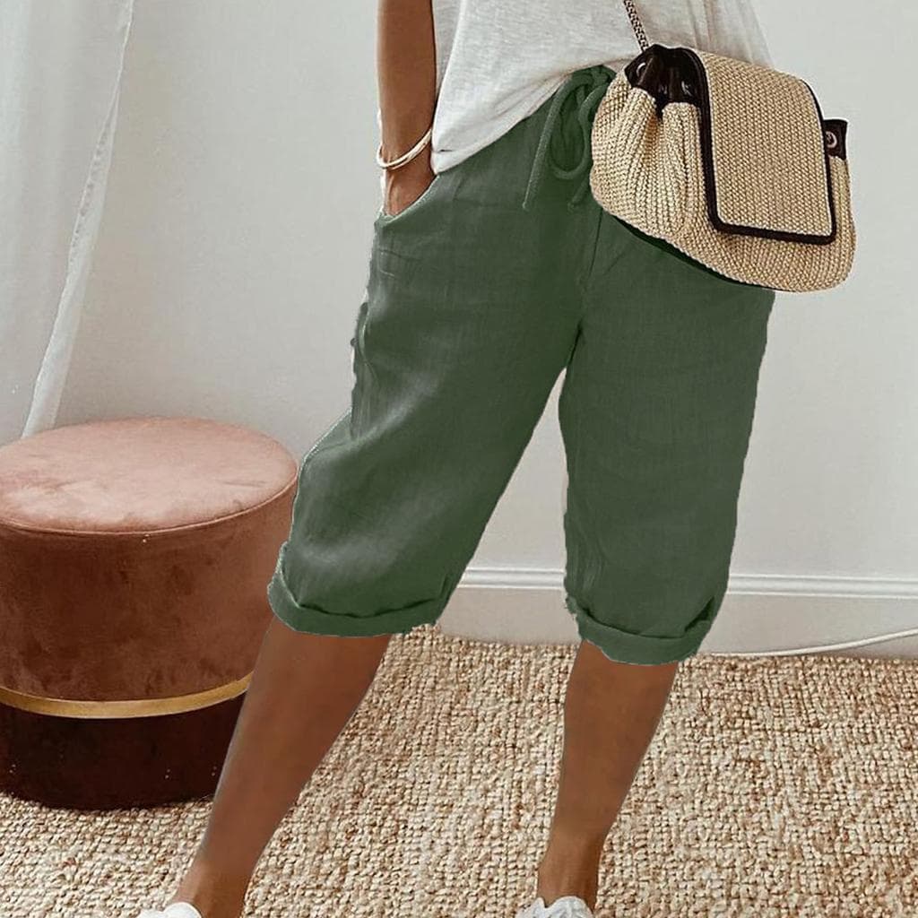 Women Shorts Vintage Style Knee-length Pants with Pockets for Women Breathable Elastic Waist Trousers Solid Colors Five Pants S green