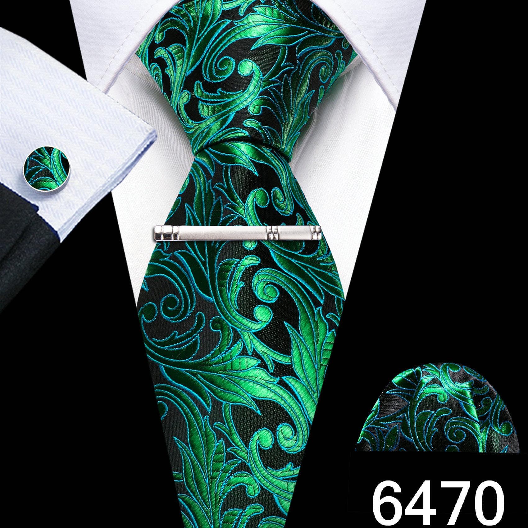 Barry.Wang Mens Green Blue Ties with Silver Tie Clip Wedding Silk Necktie Hanky Cufflinks Business Set N-6470