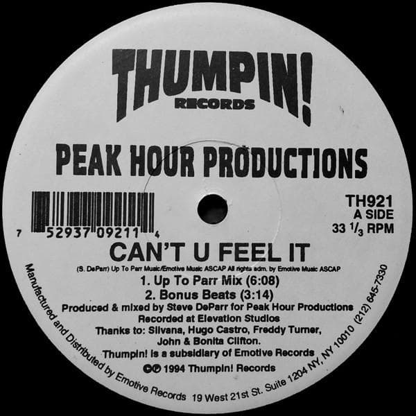 12inch Record PEAK HOUR PRODUCTIONS - Can't You Feel It / Heart Of Africa TH921 Thumpin! Record 1994 US Dance & Electronica Used