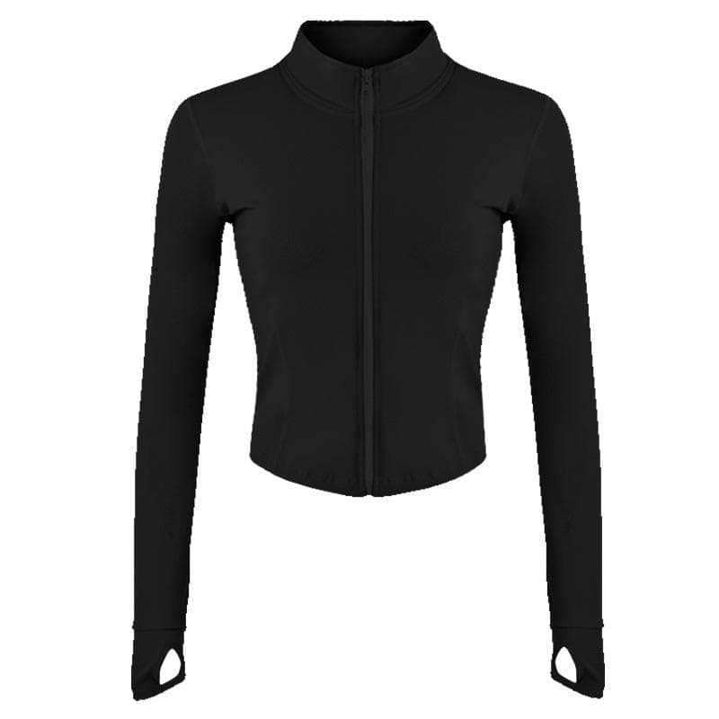 Women Full Zip-up Yoga Top Workout Running Jackets with Thumb Holes Stretchy Fitted Long Sleeve Crop Tops Activewear M black