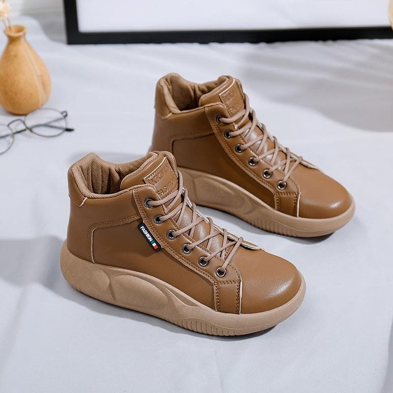 23 Spring New Loafers High-top Warm Leather Small White Shoes Thick-soled Rocking Shoes Versatile Fashion Women's Shoes 40 brown