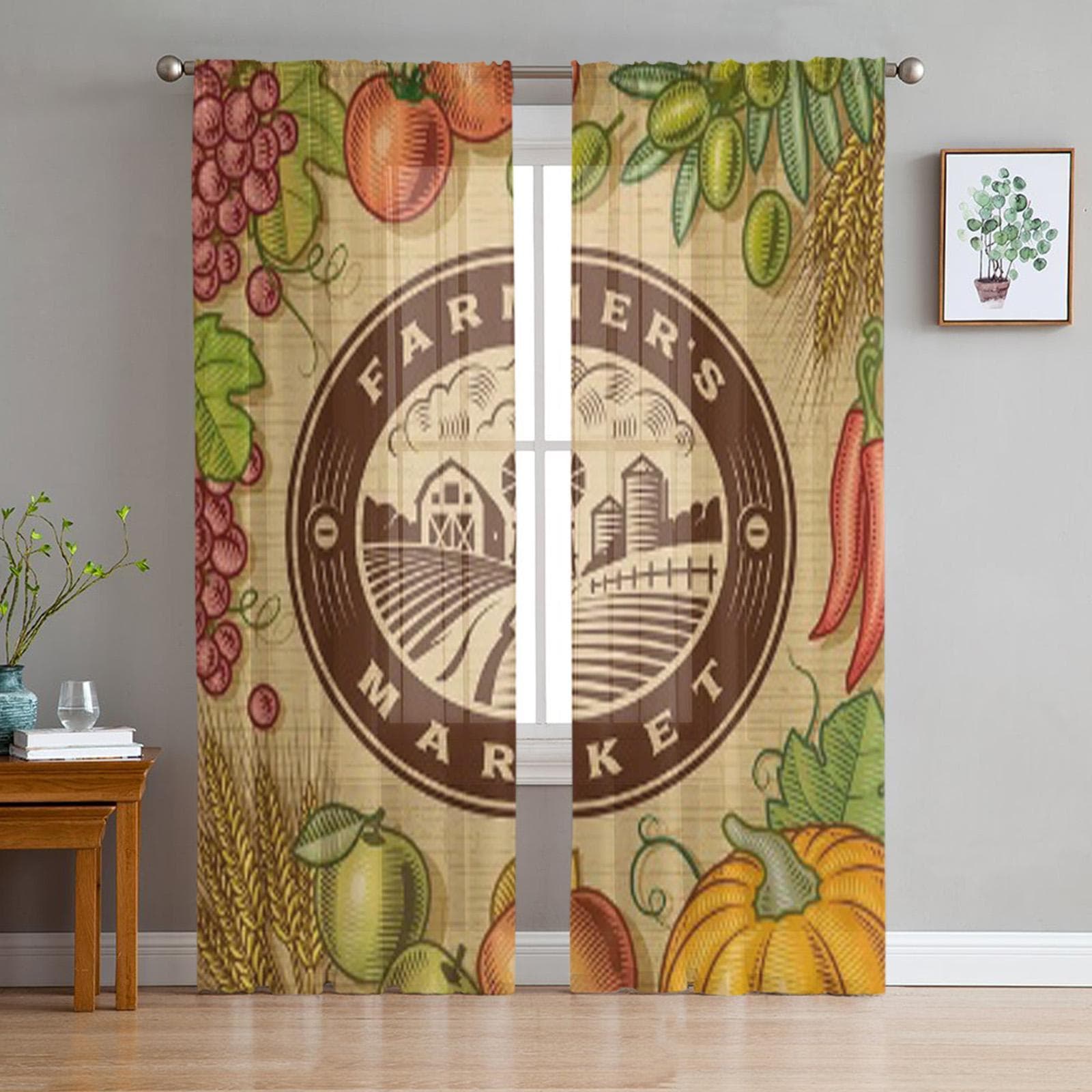 Vintage Farmers Market Label Sheer Curtains for Living Room Transparent Tulle Window Curtain Bedroom Kitchen Decor Veil Drapes 135W x 114H(cm)