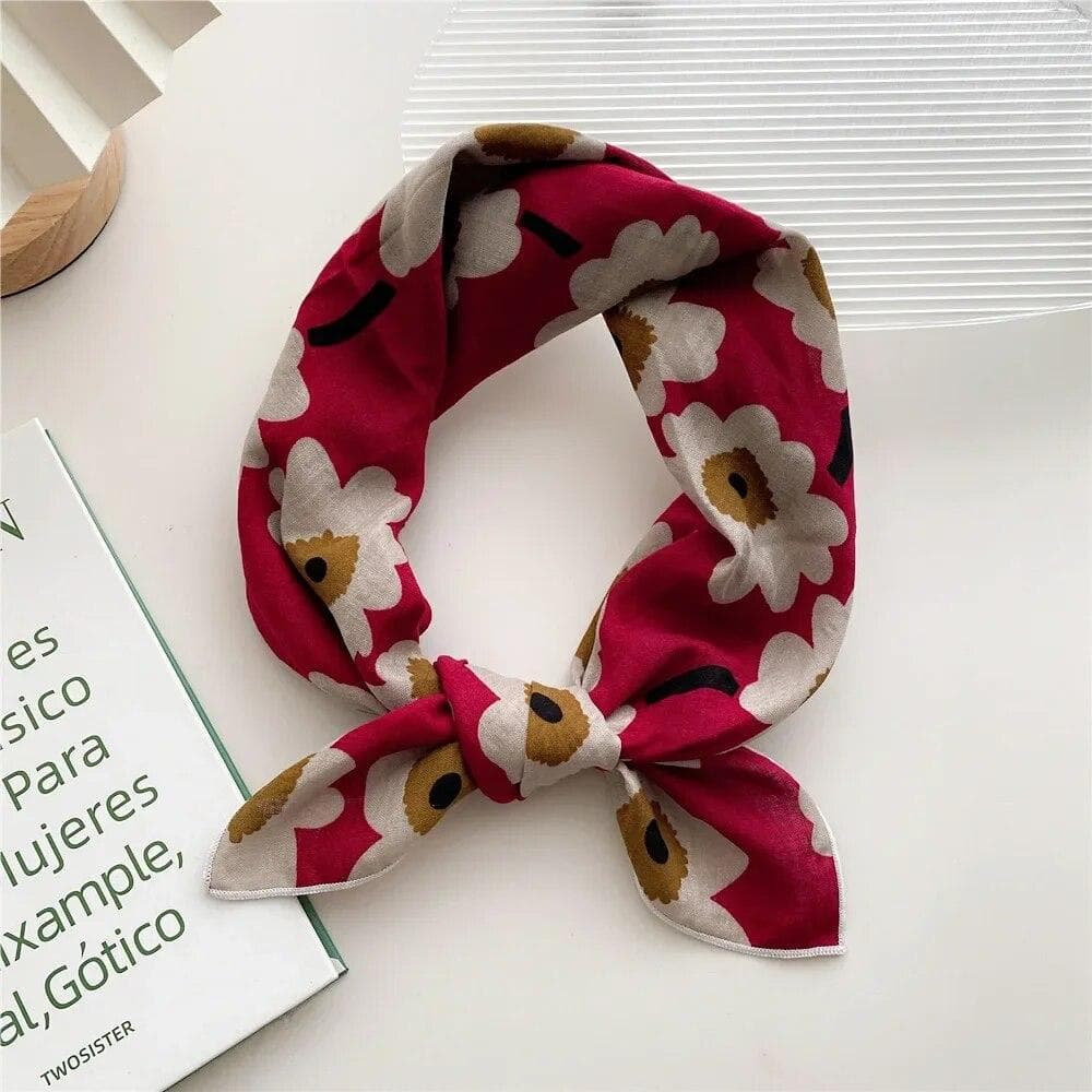Floral Print Women Scarves Square Handkerchief Cotton Neck Scarves 55x55cm red